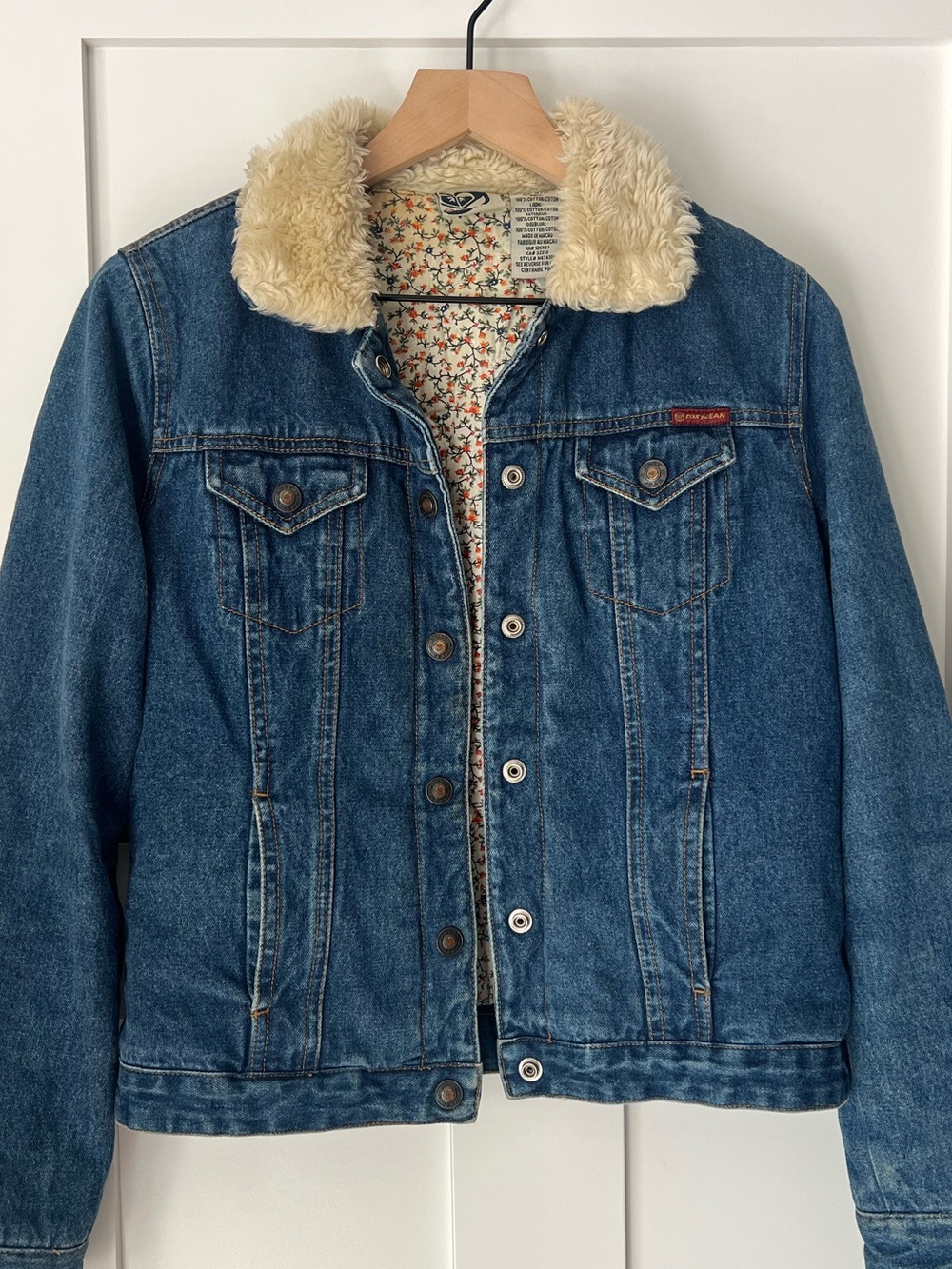 Roxy Y2K Denim Trucker Jacket Faux Sherpa Collar Floral Lining